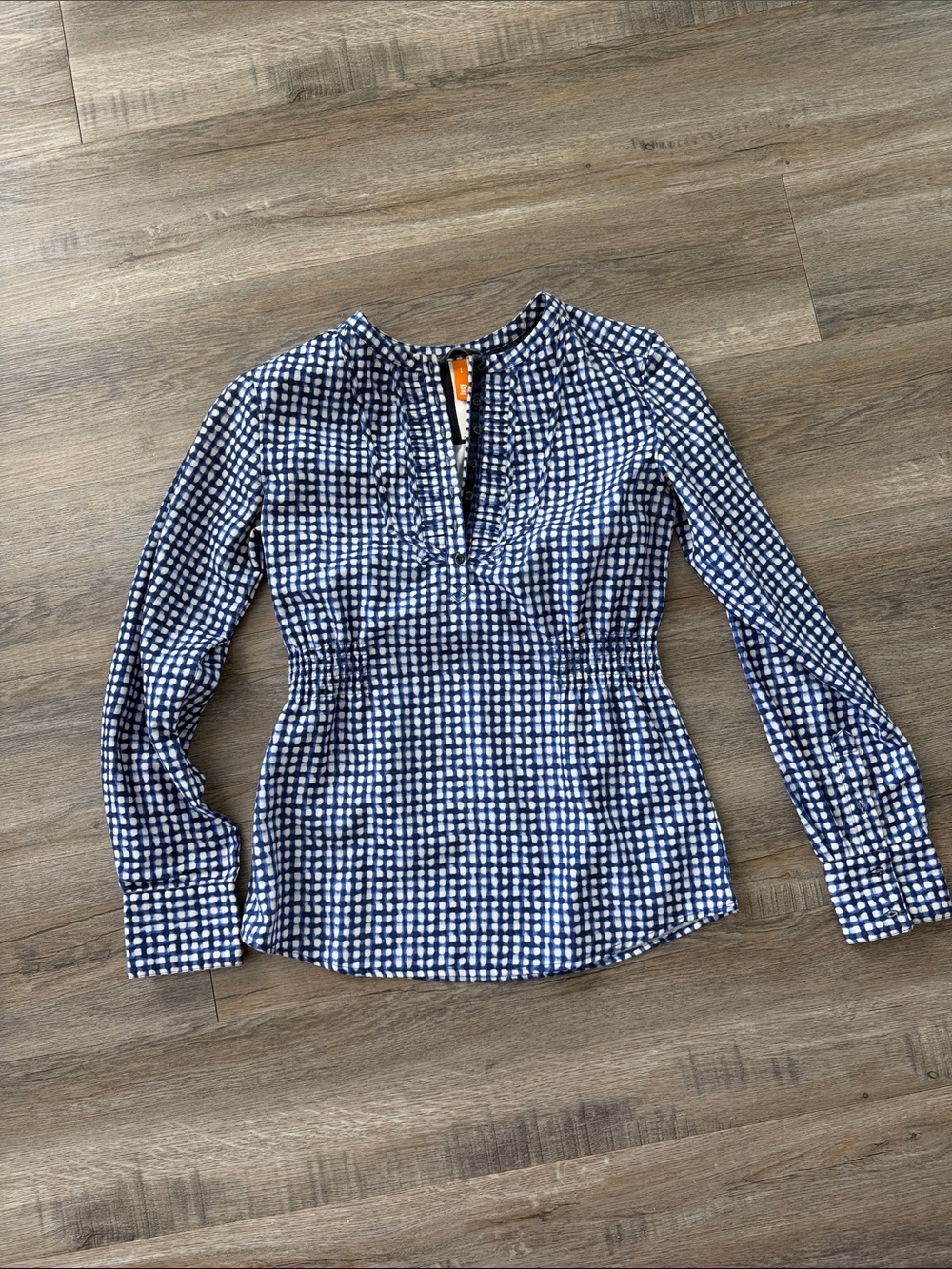 Lucy Navy and White Checked Long-Sleeve Blouse